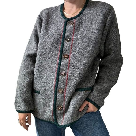 Vintage Geiger Womens Gray 100% Wool Christmas Theme Cardigan Jacket Sz 54 - Picture 1 of 9